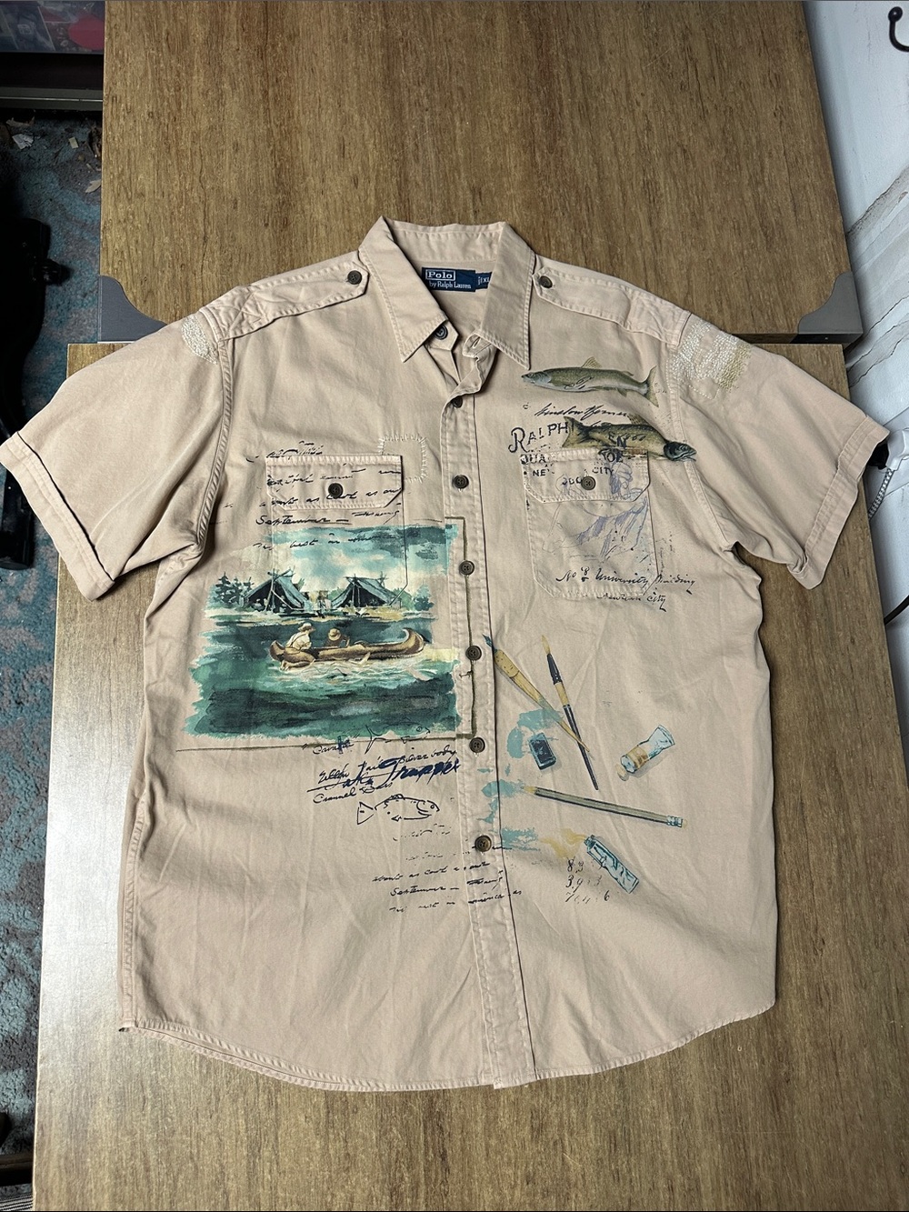 Polo Ralph Lauren 100% cotton fish print tan button up dual pockets men’s shirt